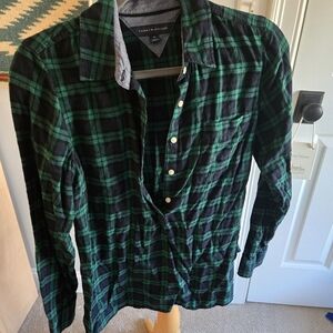 Tommy Hilfiger Black and Green Plaid Cotton Shirt Women's Size Medium